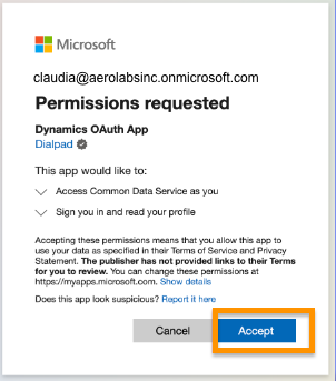 Screenshot of a Microsoft OAuth authorization prompt titled "Permissions requested" for Dynamics OAuth App by Dialpad, featuring a highlighted blue "Accept" button at the bottom right.