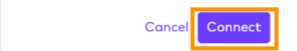 Screenshot of the contact selection interface in Dialpad showing a highlighted purple "Connect" button framed in an orange box alongside a "Cancel" option.