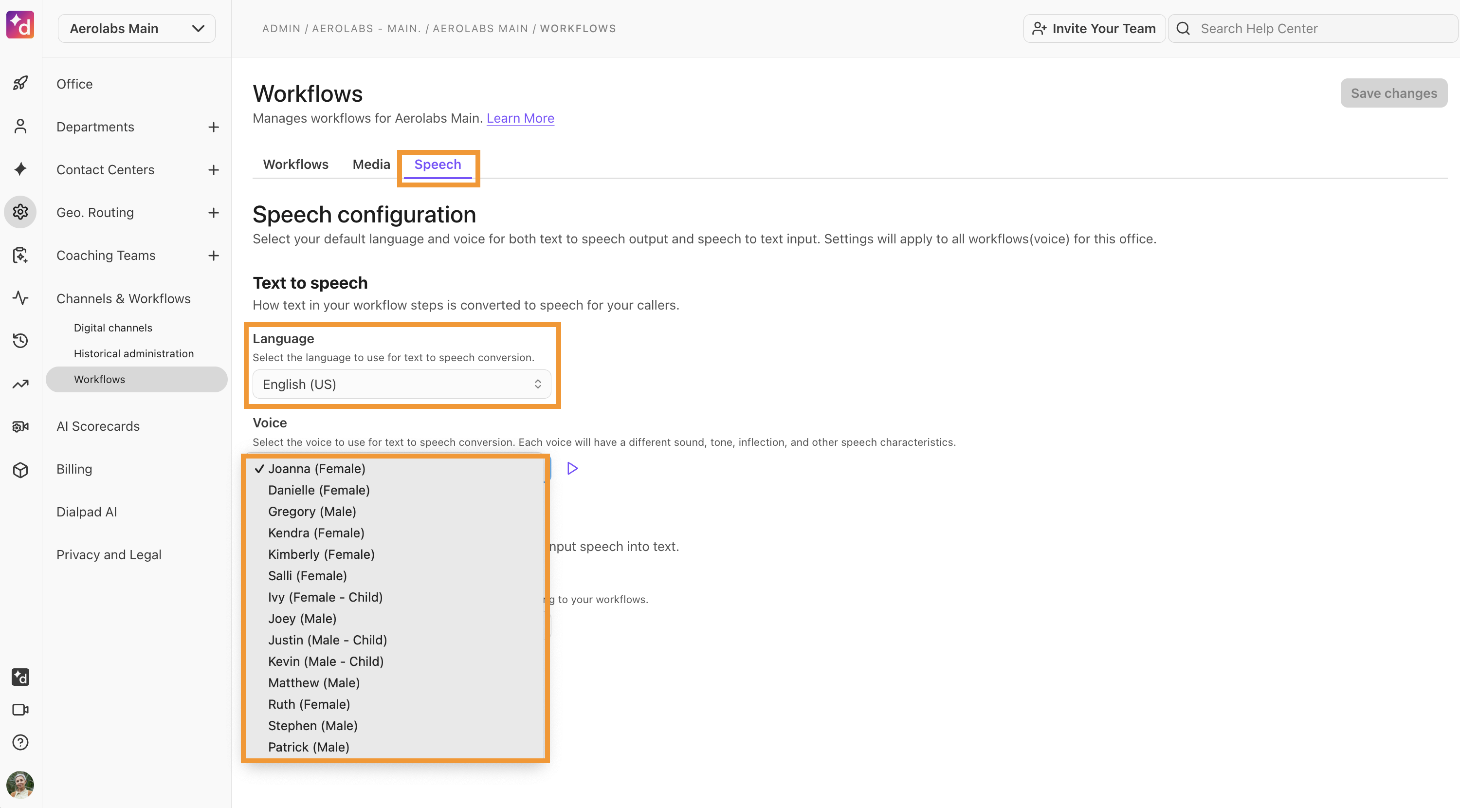 Image of Speeach configuration options in Workflows>Dialpad.com