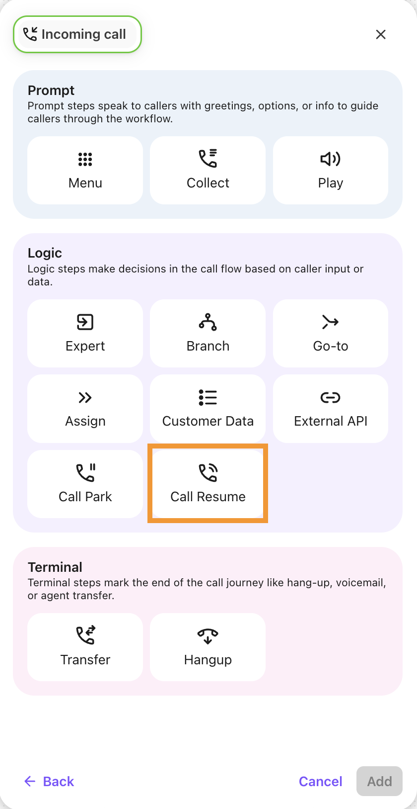 A view of options to choose when adding a step to a blank workflow.