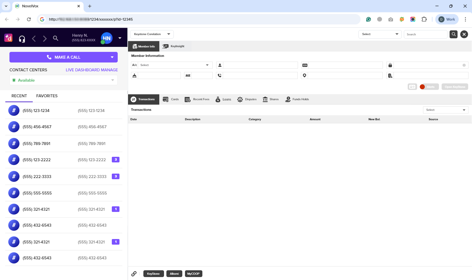 Screenshot of the active NovelVox Agent Accelerator platform interface post-login, featuring Dialpad telephony controls in the left sidebar and the integrated NovelVox widget panel on the right.