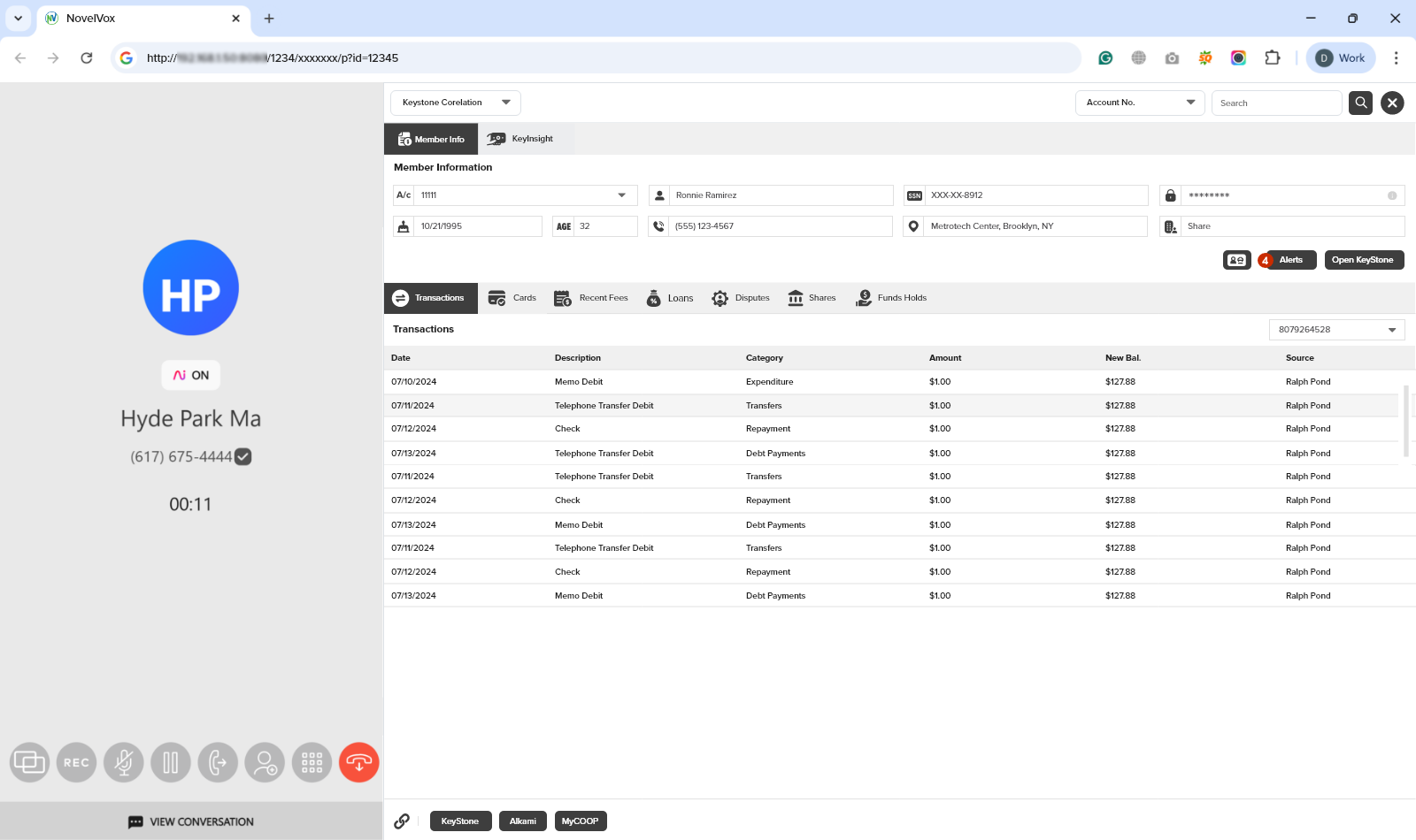 Screenshot of an active call in NovelVox Agent Accelerator, showing active Dialpad call controls and timer on the left sidebar alongside populated member information and transaction logs on the right.