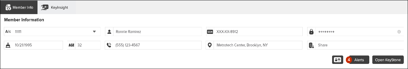 Screenshot of the Member Information section in NovelVox Agent Accelerator, showing populated text fields for account details, member name, SSN, passkey, date of birth, age, phone number, address, and branch.