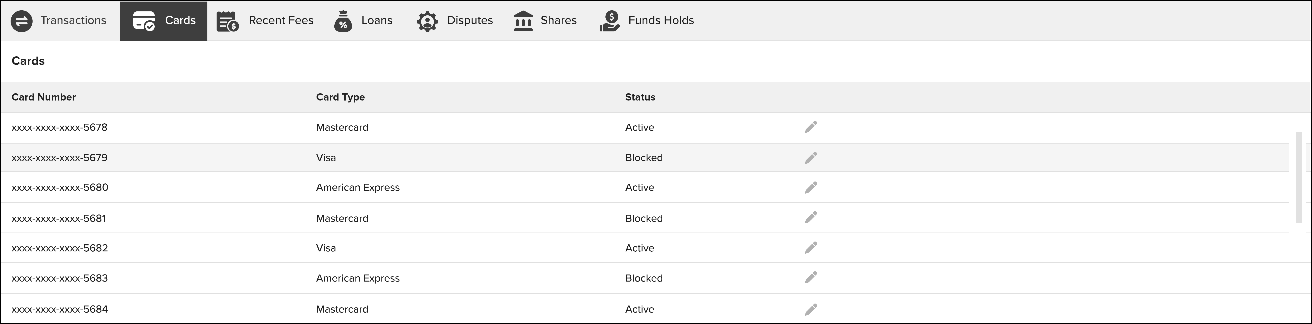 Screenshot of the Cards tab in NovelVox Agent Accelerator, showing a summary table of member payment cards with columns for Card Number, Card Type, and Status.