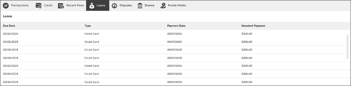 Screenshot of the Loans tab in NovelVox Agent Accelerator, showing a schedule table of loan payments with columns for Due Date, Type, Payment Date, and Standard Payment.