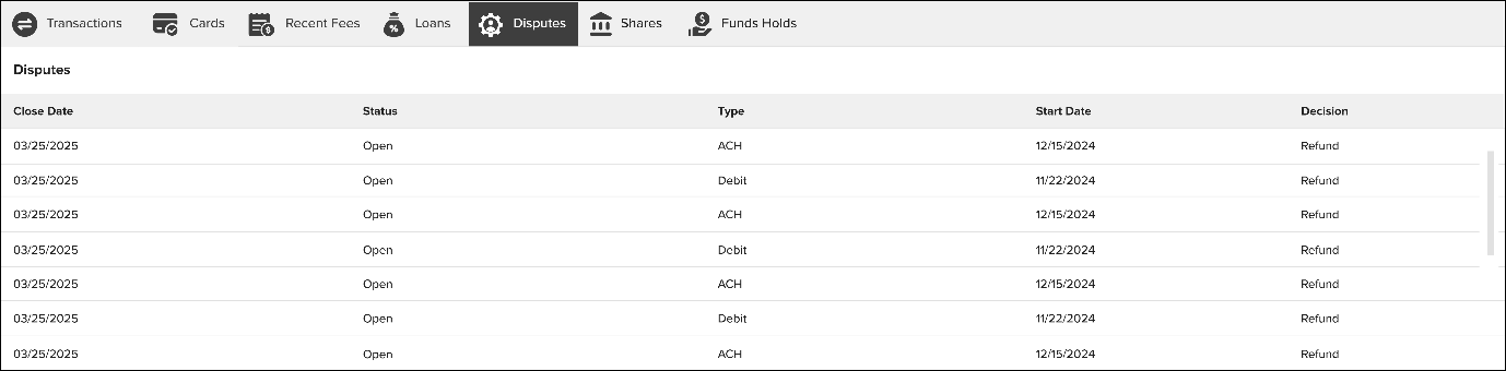 Screenshot of the Disputes tab in NovelVox Agent Accelerator, showing a dispute cases table with columns for Close Date, Status, Type, Start Date, and Decision.