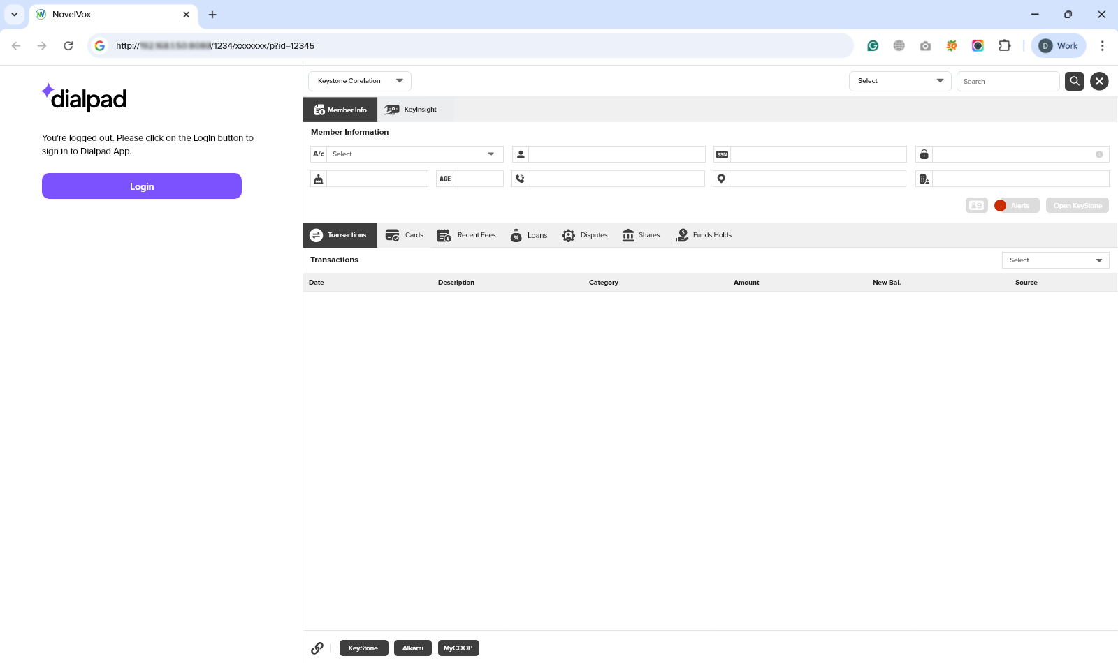 Screenshot of the integrated NovelVox Agent Accelerator interface in a web browser, showing a left sidebar with a purple "Login" button for Dialpad and the main dashboard panel on the right.