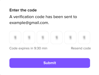 Screenshot of a Multi-Factor Authentication prompt in Dialpad titled "Enter the code", displaying six verification code input boxes above an expiration timer and a purple "Submit" button.