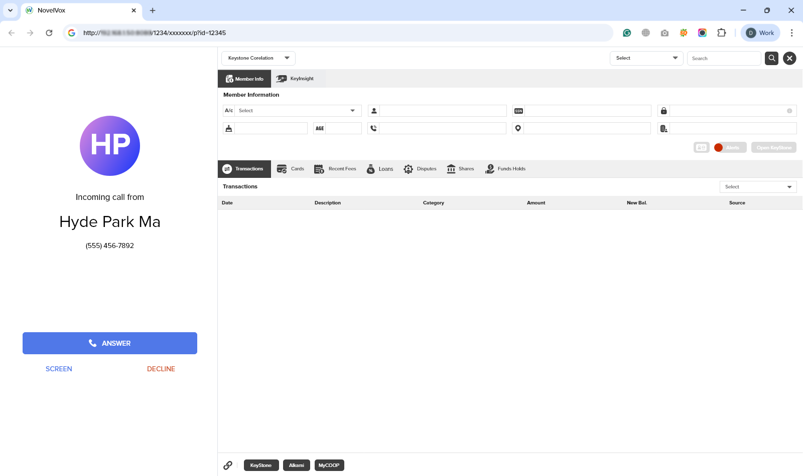 Screenshot of an incoming call notification in NovelVox Agent Accelerator, showing caller details for Hyde Park Ma and a blue "Answer" button in the left-hand Dialpad call panel.