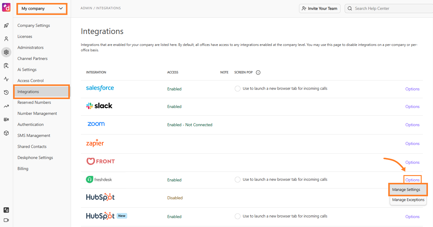 Dialpad integration settings with Options>Manage Settings highlighted.