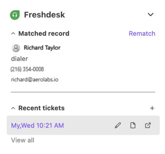 Dialpad sidebar showing a matched FreshDesk contact profile displaying the customer's name, phone number, email address, and recent ticket history.
