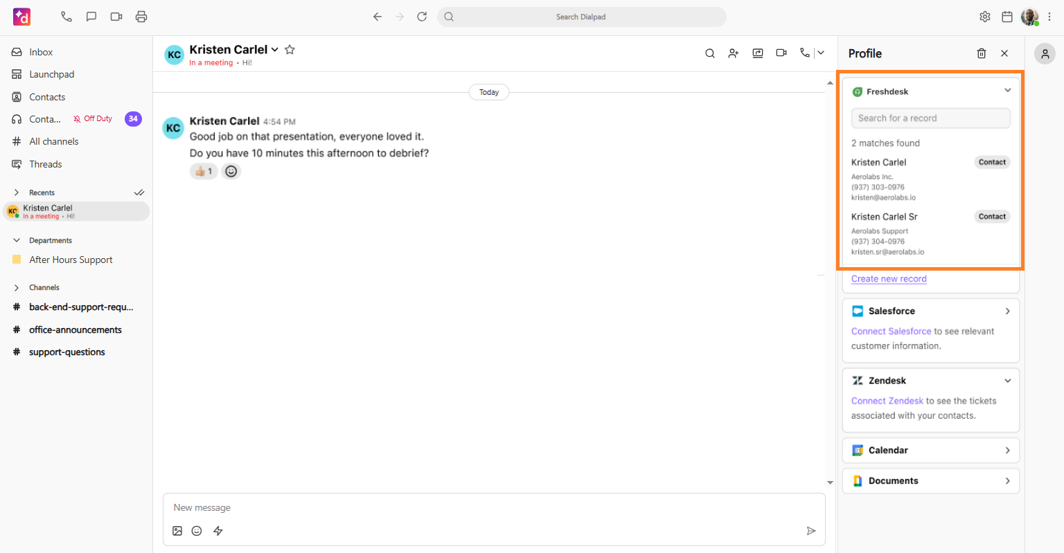 Dialpad sidebar displaying a list of potential matching FreshDesk contact records for selection.