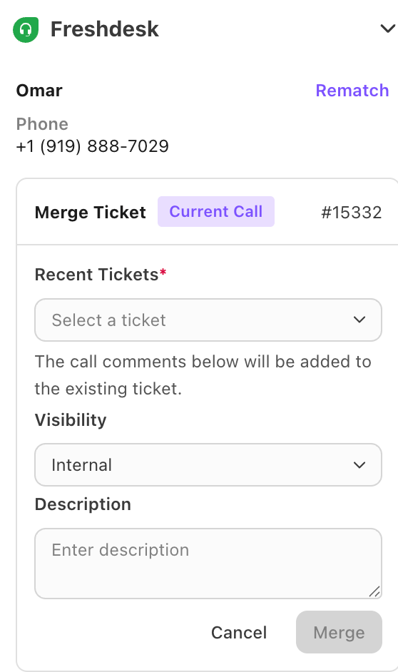 FreshDesk integration interface in Dialpad showing the option to merge a newly created call ticket with a recent existing ticket.