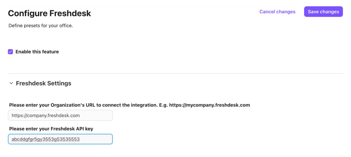 Dialpad integration settings page displaying the option to enable the FreshDesk integration, enter a FreshDesk company URL, and input an API key.