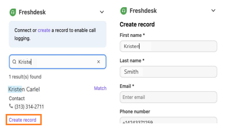 Dialpad sidebar interface showing fields to create a new FreshDesk contact with name, email, and phone number inputs