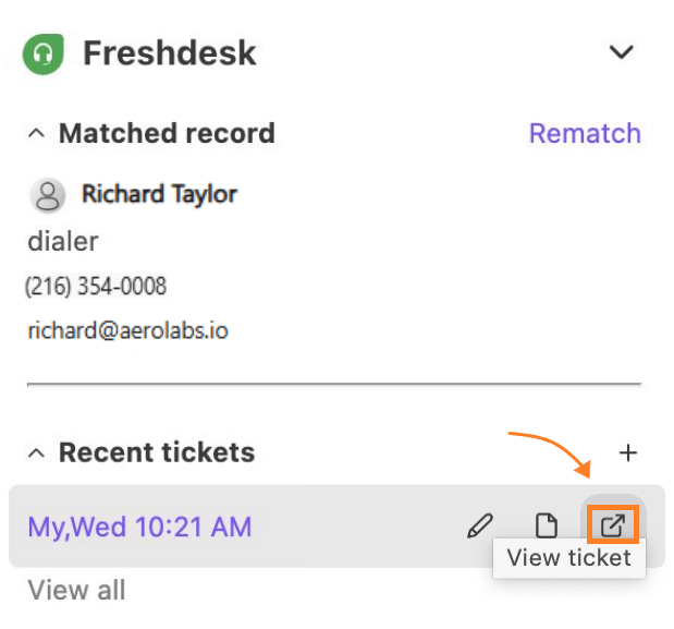 FreshDesk widget within Dialpad listing recent customer support tickets, including ticket titles, statuses, and creation dates.