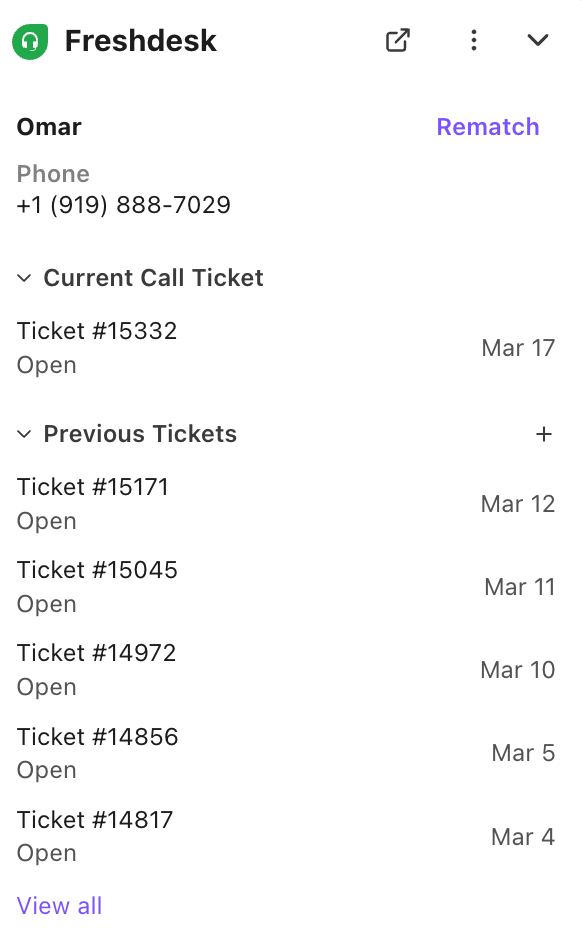 FreshDesk integration interface in Dialpad showing the option to rematch a newly created call ticket with a recent existing ticket.
