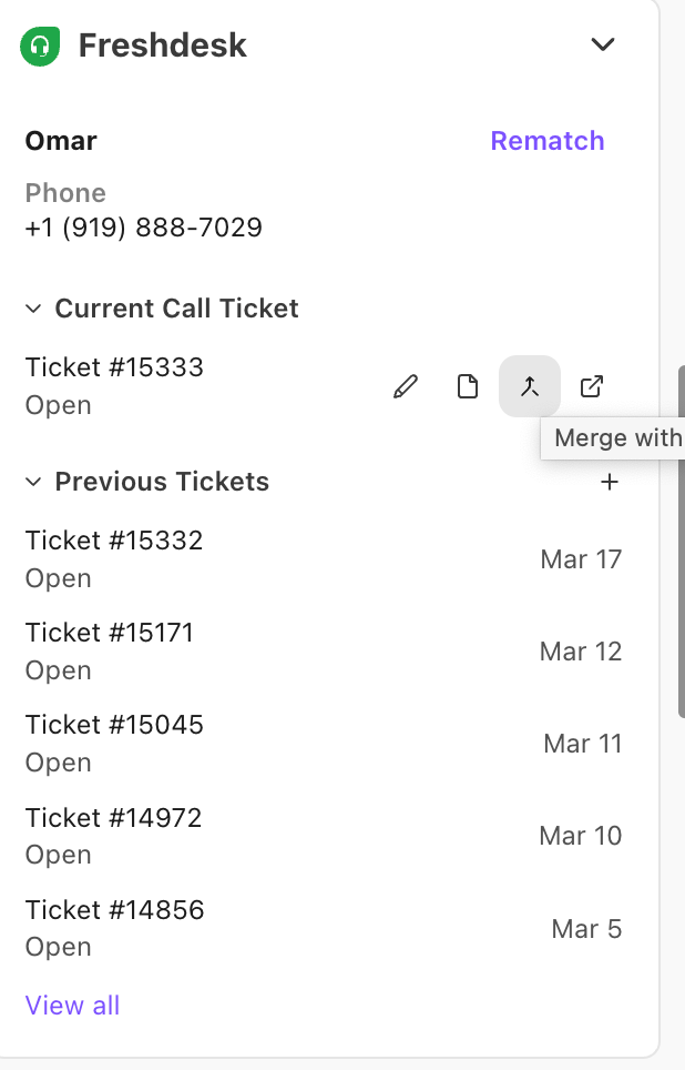 FreshDesk integration interface in Dialpad showing the option to merge a newly created call ticket with a recent existing ticket.
