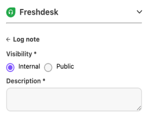 Note creation window in the FreshDesk widget with fields for setting note visibility and entering description text.