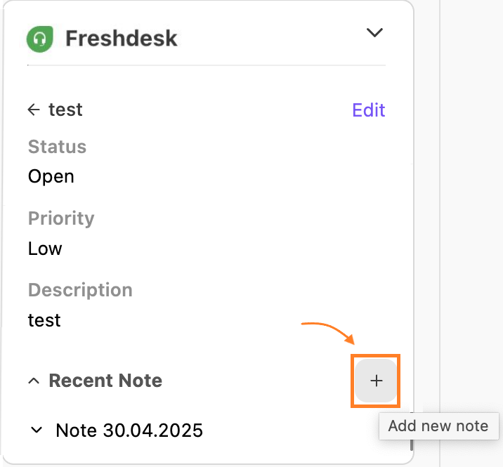 Note creation window in the FreshDesk widget with fields for setting note visibility and entering description text.