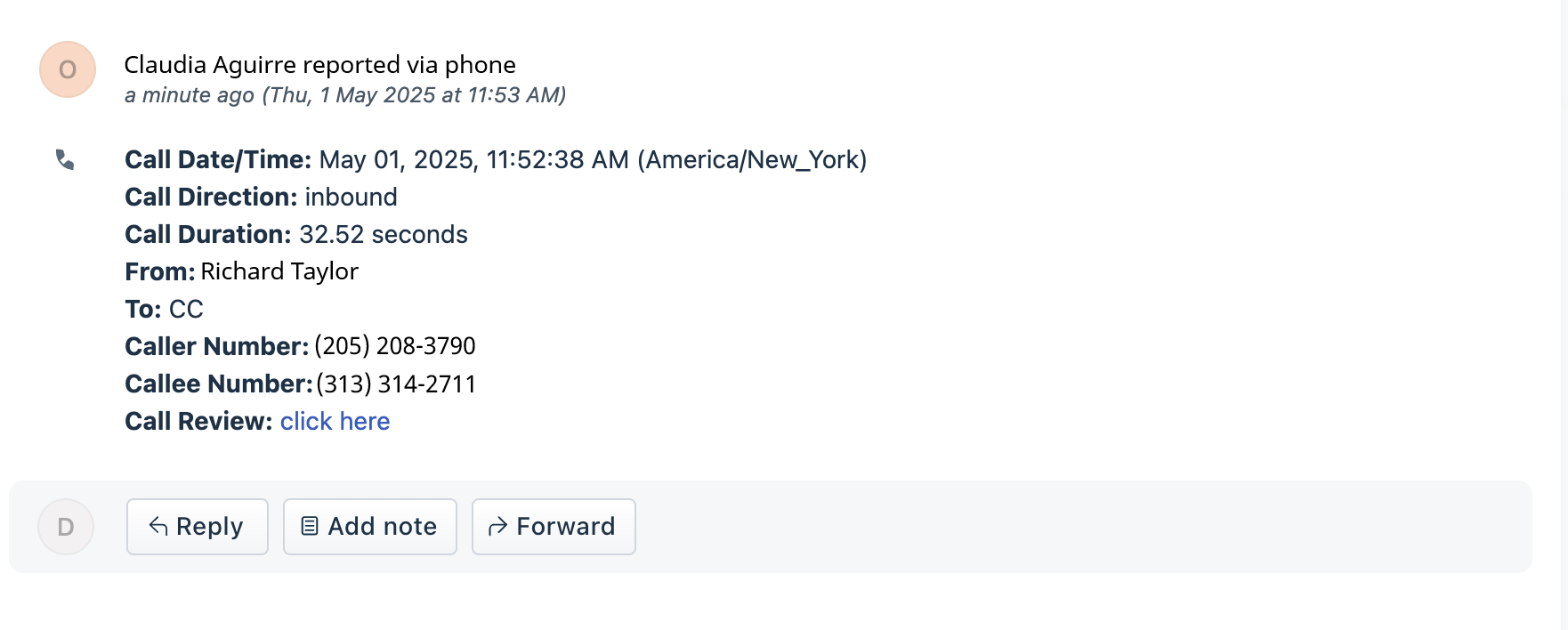 Dialpad app interface during an active call showing real-time call timer alongside matched FreshDesk contact details and recent tickets.