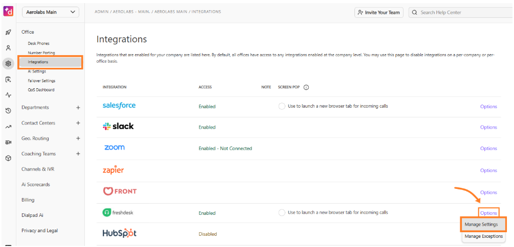 Dialpad integration settings with Options>Manage Settings highlighted.