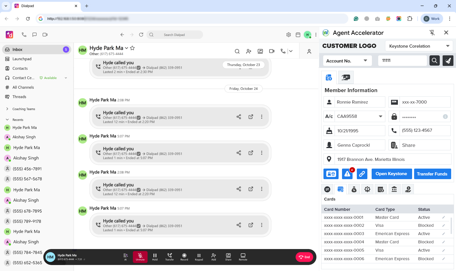Screenshot of the Dialpad interface alongside the open NovelVox Agent Accelerator Chrome extension panel, displaying member information and account cards for KeyStone Corelation.