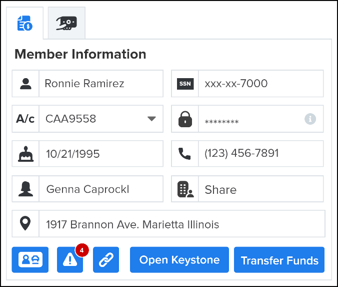Screenshot of the compact Member Information panel in the NovelVox Agent Accelerator Chrome extension, displaying fields for member name, SSN, account ID, passkey, date of birth, phone number, joint account holder, home branch, and street address above action buttons for Keystone and Transfer Funds.