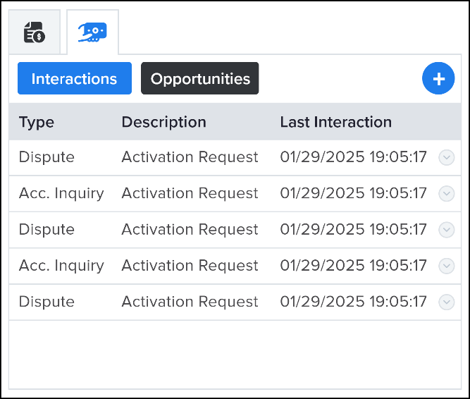Screenshot of the Interactions tab under KeyInsight in the NovelVox Agent Accelerator Chrome extension, showing a table of historical member engagements with columns for Type, Description, and Last Interaction timestamp.