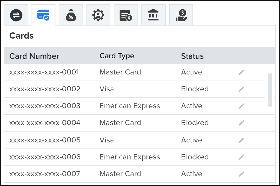 Screenshot of the compact Cards module in the NovelVox Agent Accelerator Chrome extension, displaying member payment cards with columns for Card Number, Card Type, and Status along with edit icons for status updates.