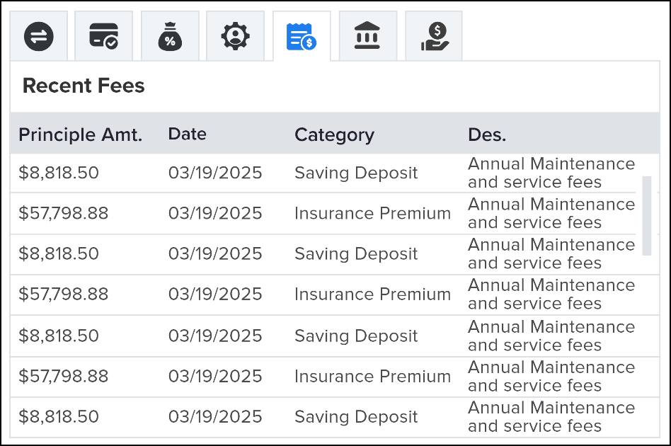 Screenshot of the compact Recent Fees module in the NovelVox Agent Accelerator Chrome extension, displaying fee-related transactions with columns for Principle Amt., Date, Category, and Des.