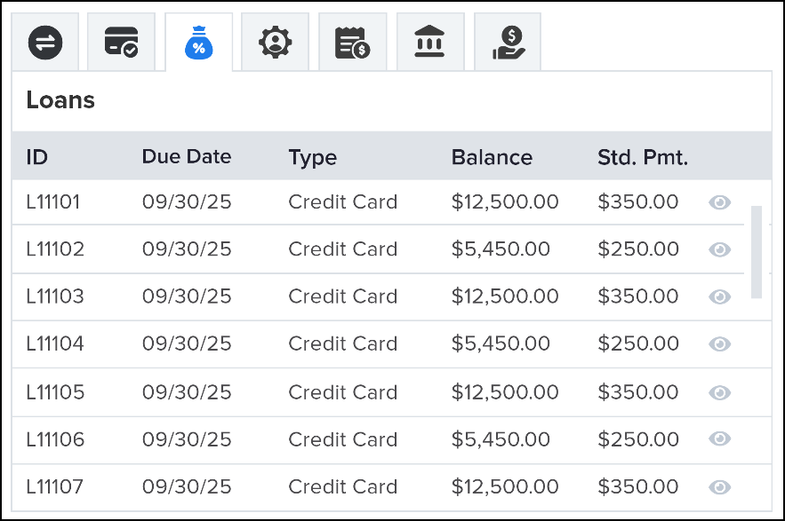 Screenshot of the compact Loans module in the NovelVox Agent Accelerator Chrome extension, displaying loan account details with columns for ID, Due Date, Type, Balance, and Std. Pmt.