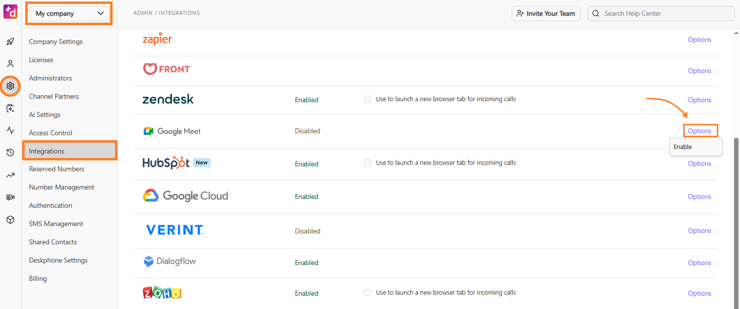 Dialpad Admin Settings Integrations page showing the Google Meet integration card with the Options dropdown menu open and Enable selected.