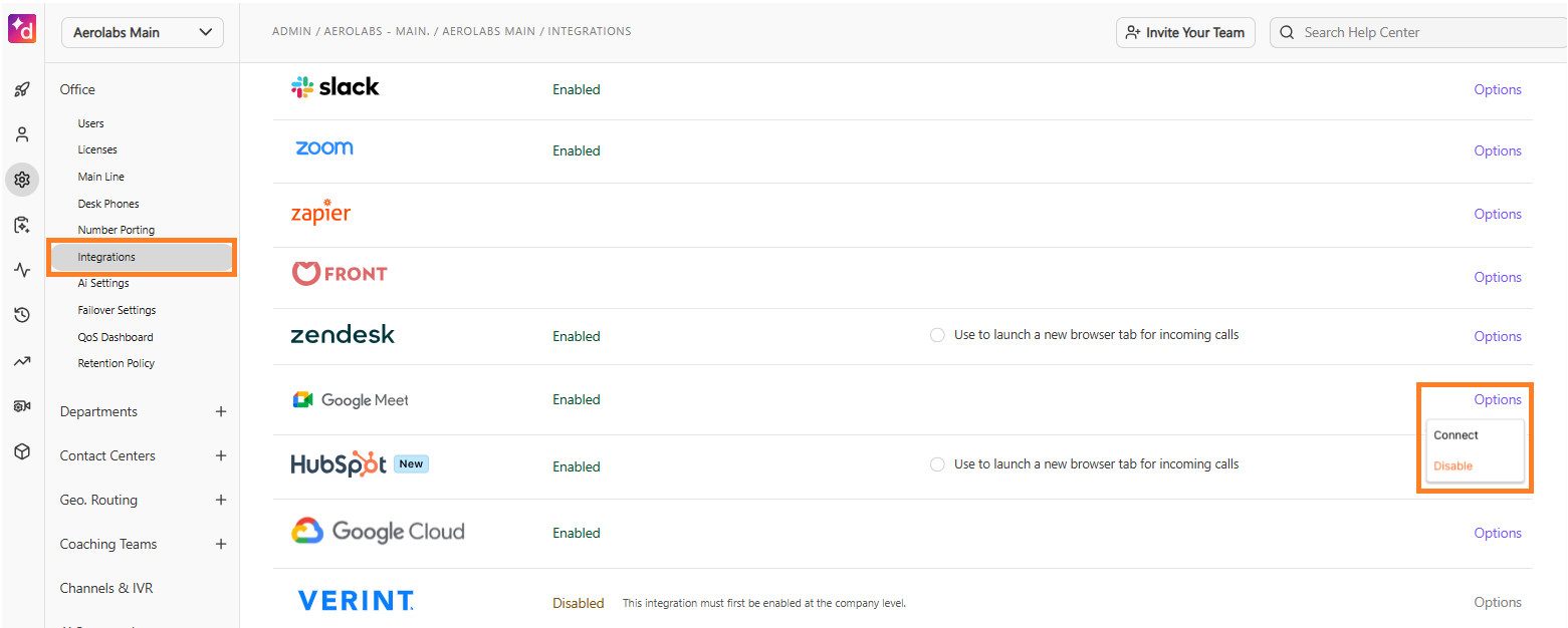 Dialpad Admin Settings Integrations page showing the Google Meet integration card with the Options dropdown menu open and Enable selected.
