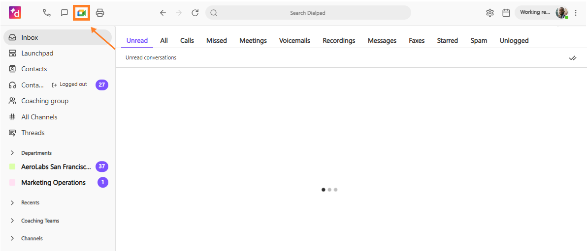 Dialpad app navigation bar highlighting the Google Meet video icon used to launch a new video meeting.