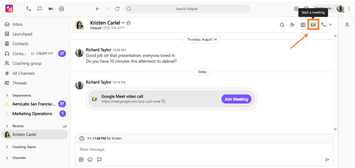 Dialpad direct message conversation header showing the Google Meet icon positioned next to the call buttons to launch a meeting with the contact.