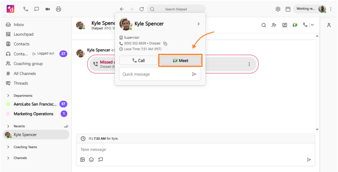 User contact hover card in Dialpad displaying the user's name, profile photo, and the Google Meet icon to start a video call.