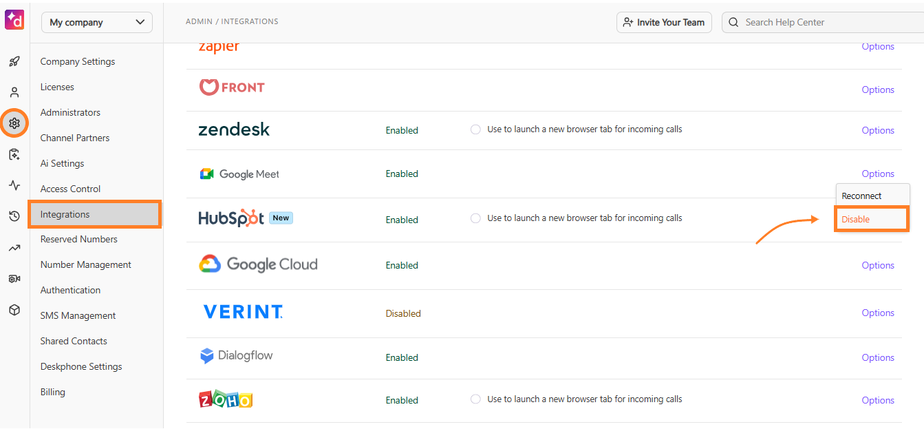 Dialpad Admin Settings page showing the Google Meet integration options menu with Disable selected.