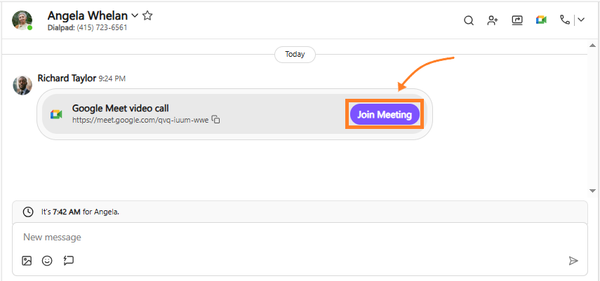 Dialpad chat window showing an shared invitation card with a Join Meeting button to launch the Google Meet session in a web browser.