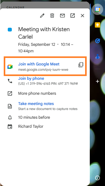 Google Calendar event detail popover showing event time, attendees, and a blue 'Join with Google Meet' button.