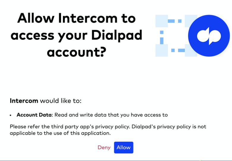Dialpad authorization window within Intercom prompting the user to log in with Dialpad credentials and select Allow to grant permission.