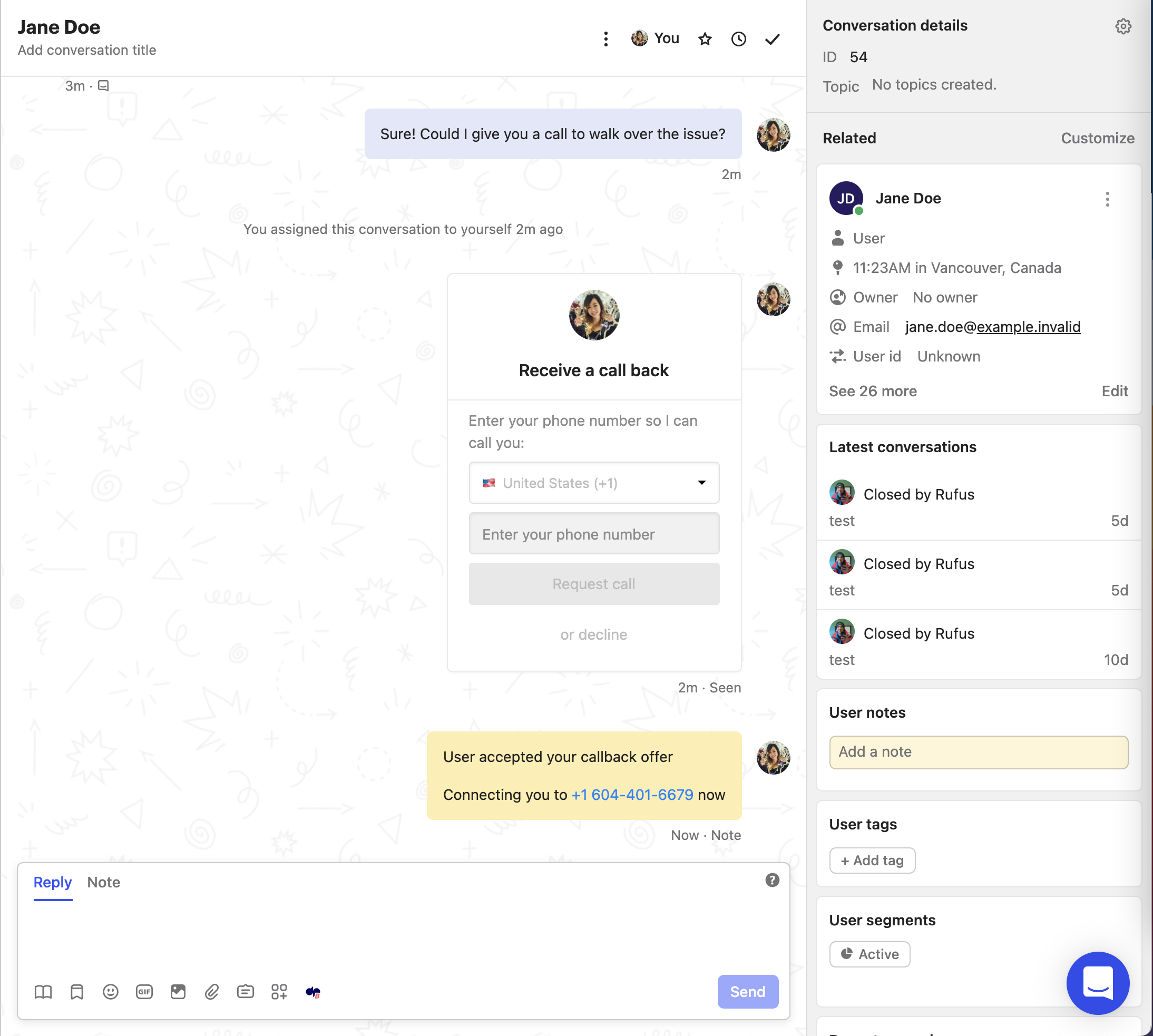 Intercom inbox notification banner displaying a Reload button required to finalize the Dialpad integration setup
