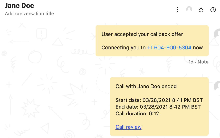 Intercom chat transcript showing automatically logged Dialpad call details, including call duration, timestamps, and a link to the AI Call Summary.