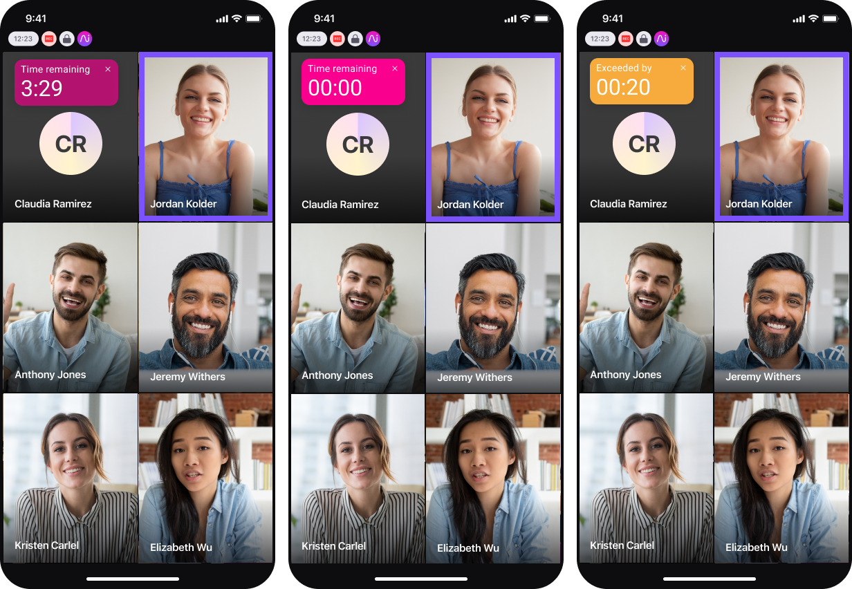 Screenshots of Dialpad meetings with timer display options.
