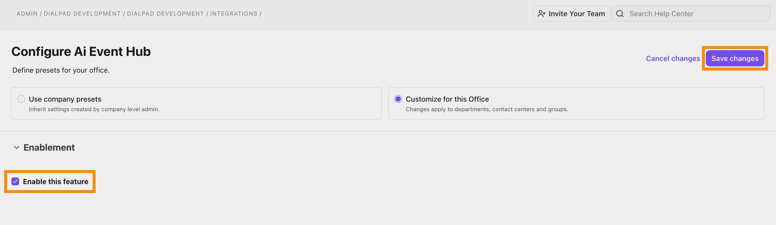 The AI Event Hub settings page. The option to enable the integration is highlighted.