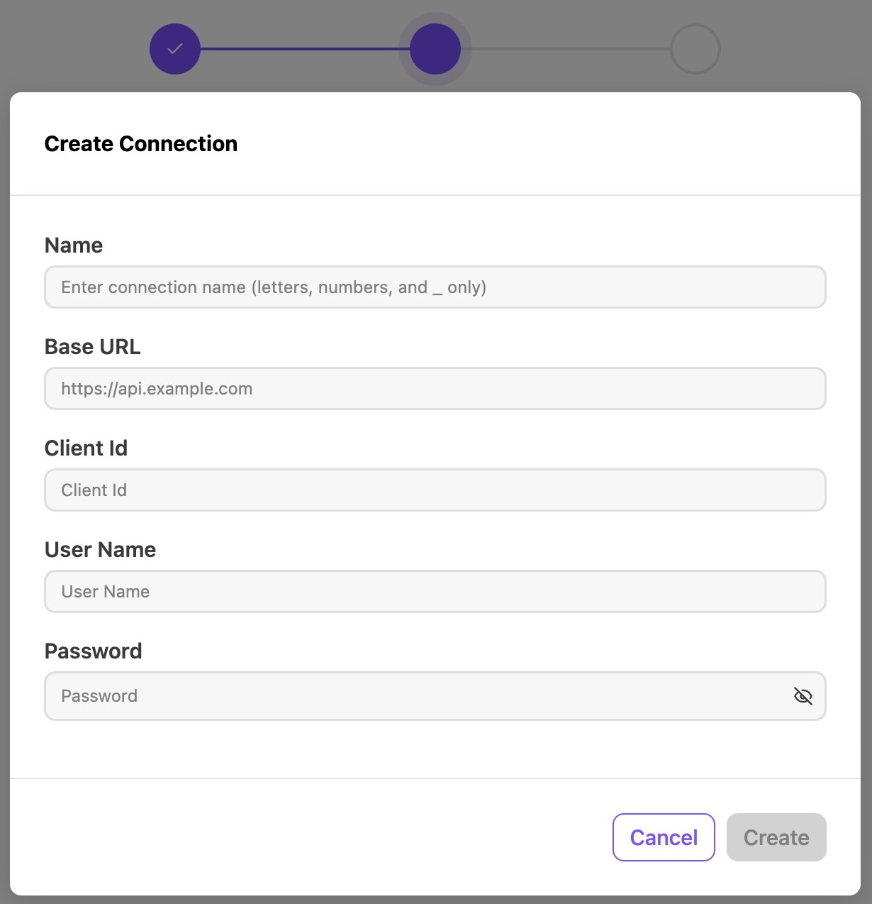 Option to create a new connection with the fields needed to complete the setup.