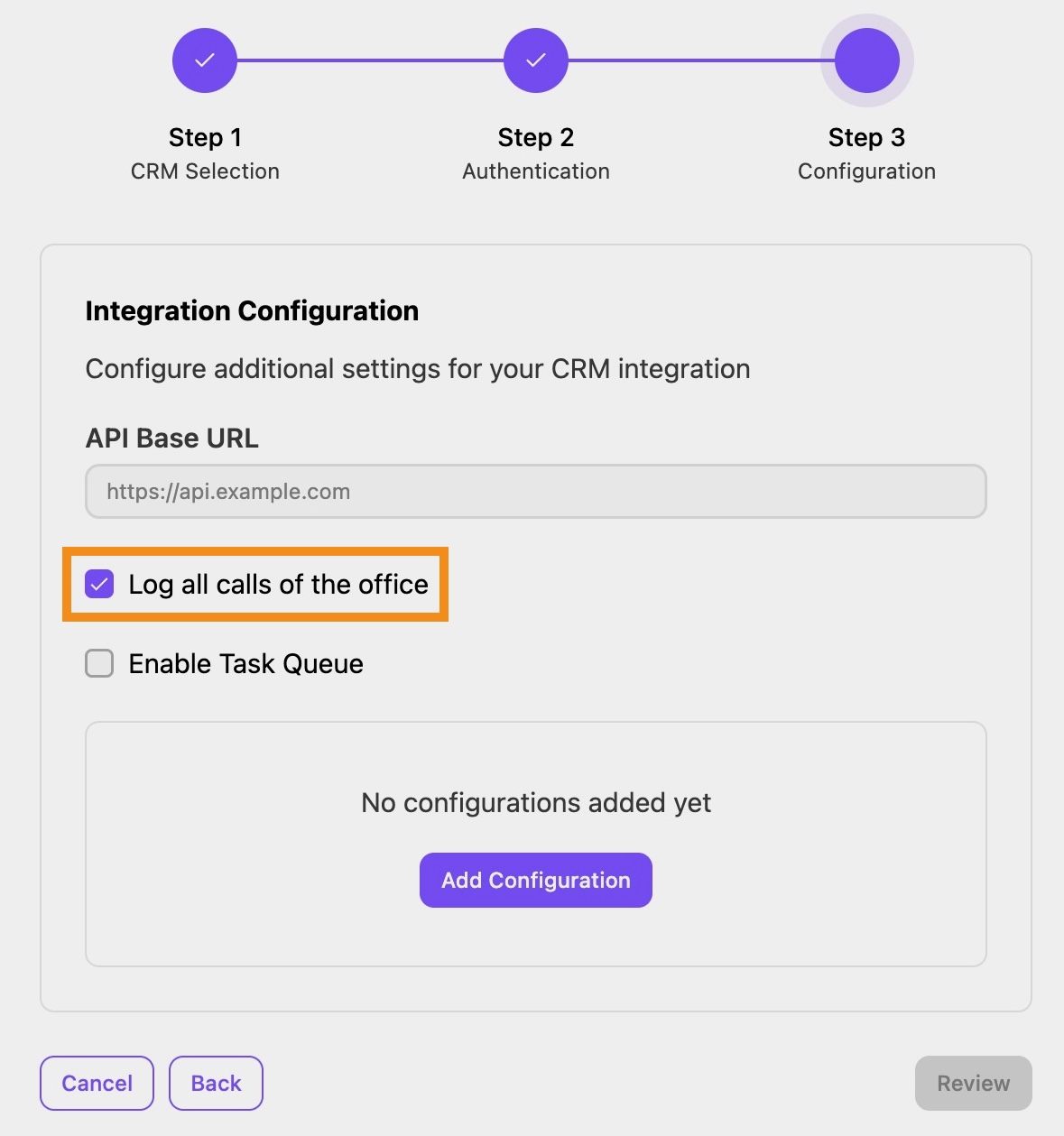 View of the integration setup window. For step 3, you can select an option to log calls.