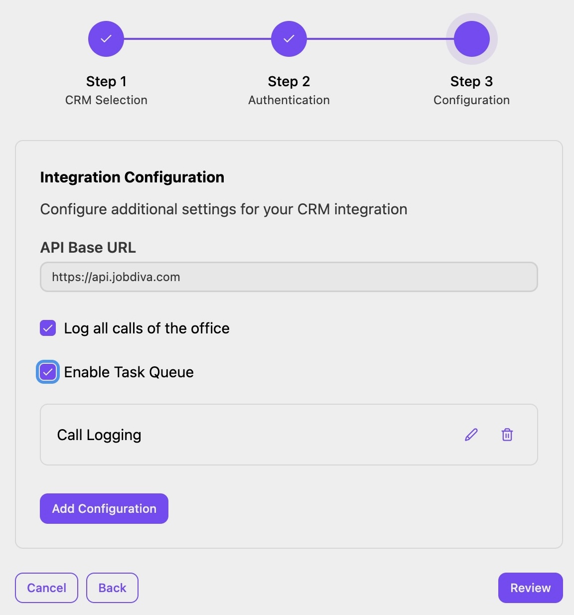 Window to review the configuration setup.