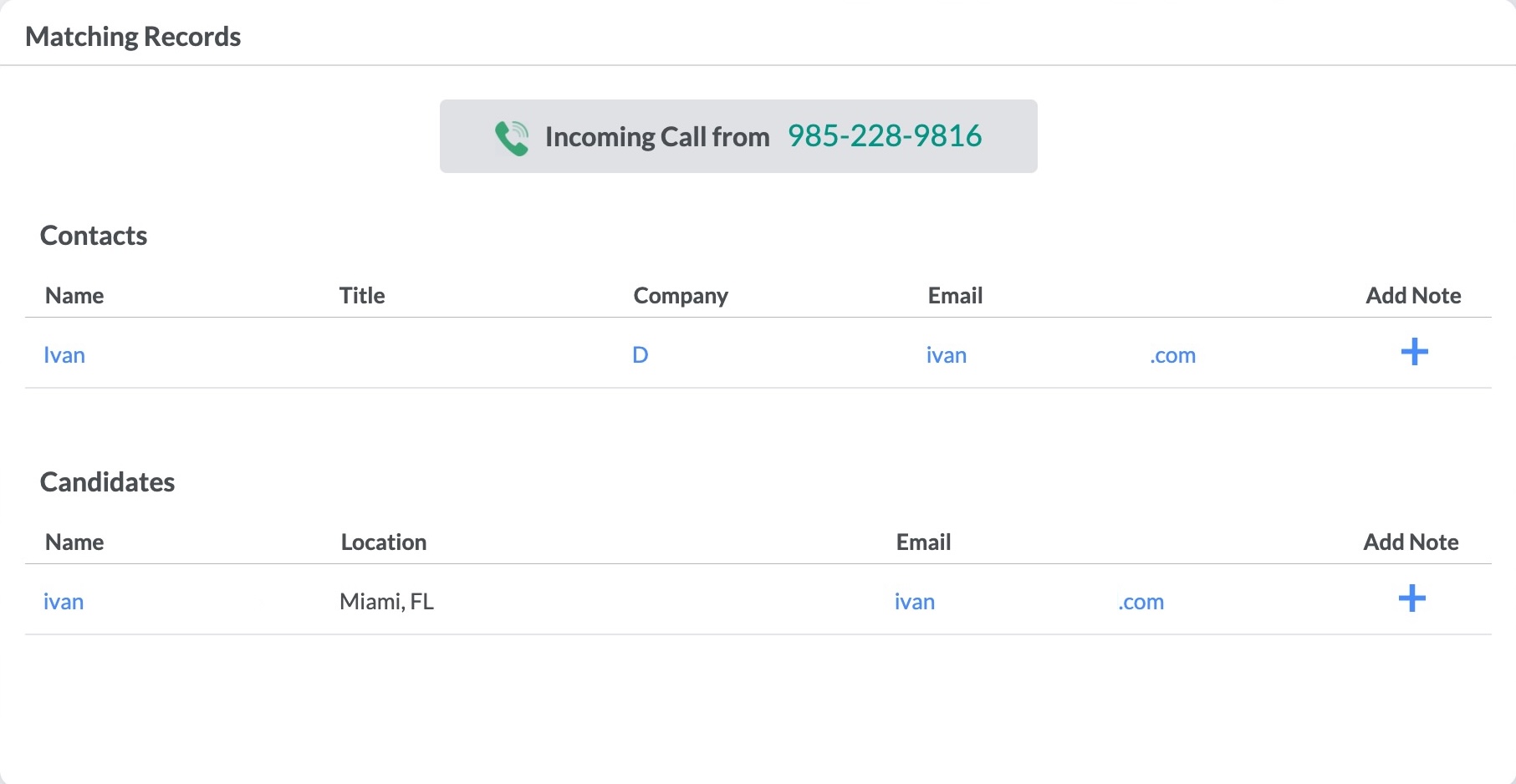 Example of a Jobdiva screen pop.