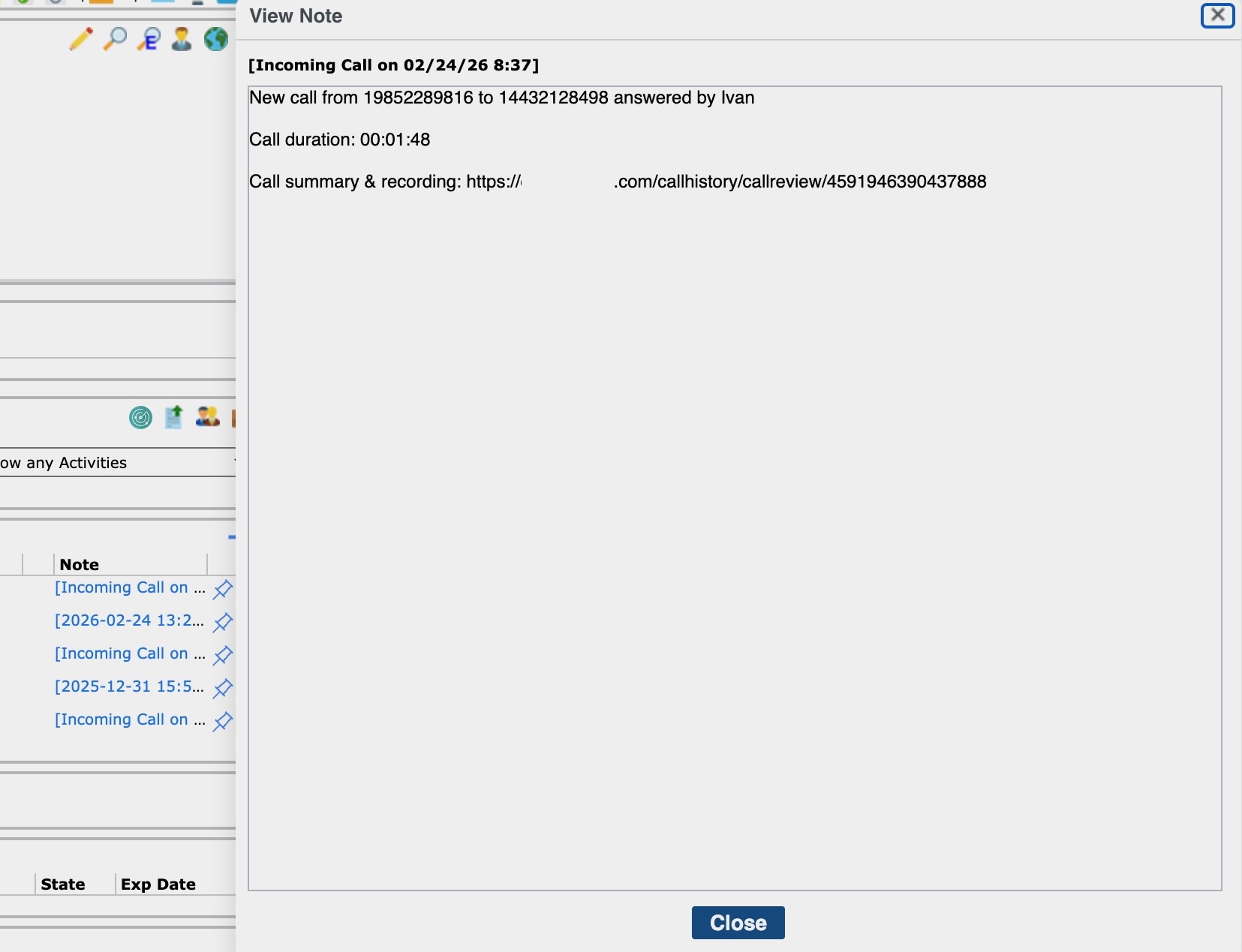 Example of a call log in Jobdiva.